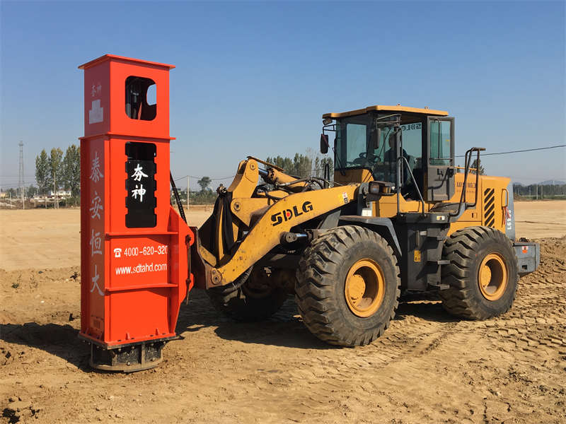 The rapid impact compaction machine is installed on the loader for construction