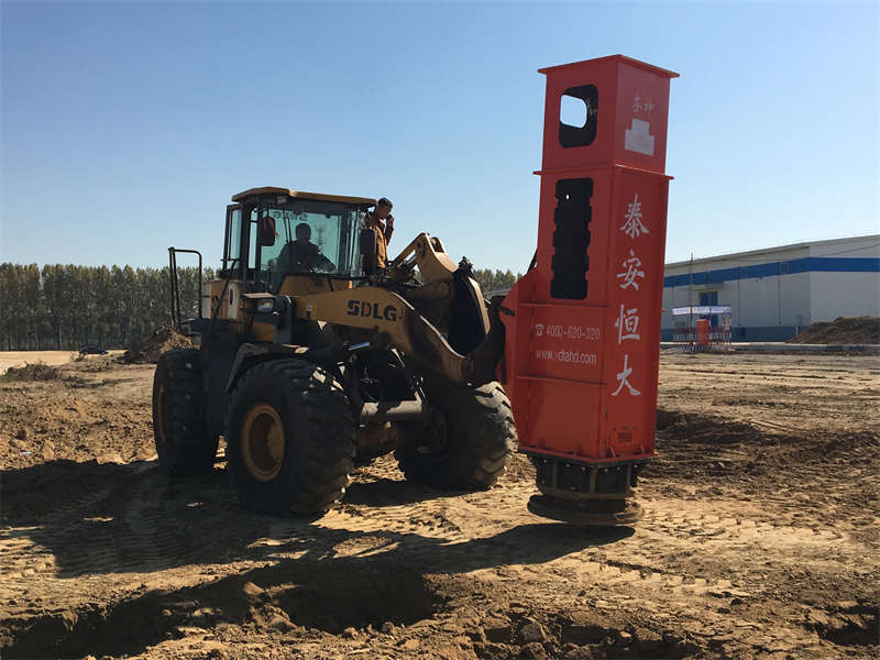 The rapid impact compaction machine is installed on the loader for construction